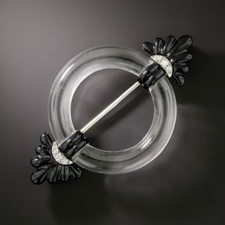 Art Deco Rock Crystal, Onyx and Diamond Circle Pin - 4