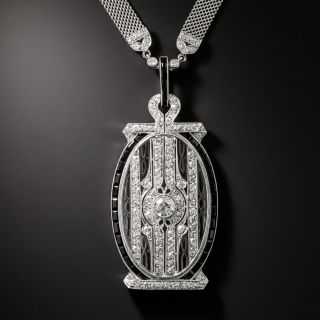 Art Deco Rock Crystal, Onyx and Diamond Necklace with Mesh Chain - 2