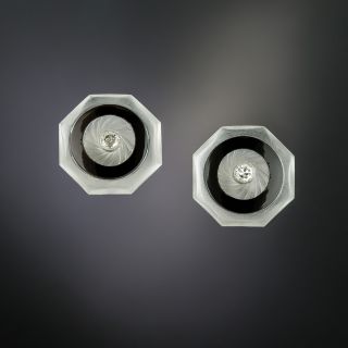 Art Deco Rock Crystal, Onyx, and Diamond Stud Earrings - 2