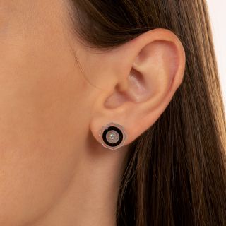 Art Deco Rock Crystal, Onyx, and Diamond Stud Earrings