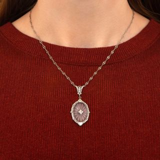 Art Deco Rock Crystal Quartz and Diamond Filigree Pendant