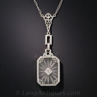 Art Deco Rock Crystal Quartz and Diamond  Pendant Necklace