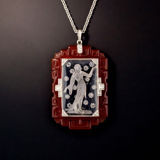 Art Deco Rock Crystal Quartz, Carnelian and Diamond Lavalier - 0