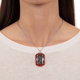 Art Deco Rock Crystal Quartz, Carnelian and Diamond Lavalier
