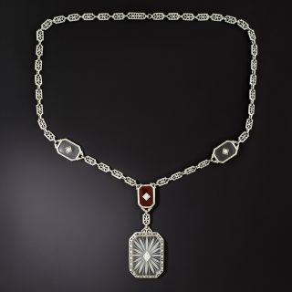 Art Deco Rock Crystal Quartz, Carnelian and Diamond Necklace by Kohn & Co. - 2