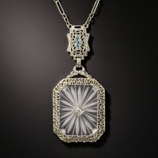 Art Deco Rock Crystal Quartz, Diamond and Aquamarine Pendant - 2