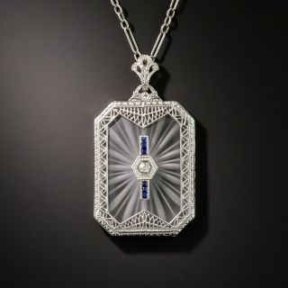 Art Deco Rock Crystal Quartz Diamond and Sapphire Pendant - 2