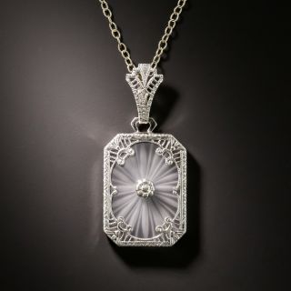 Art Deco Rock Crystal Quartz and Diamond Filigree Pendant - 2