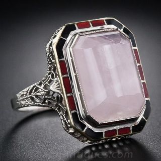 Art Deco Rose Quartz and Enamel Ring