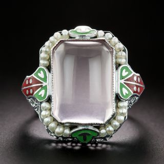 Art Deco Rose Quartz and Pearl Enamel Filigree Ring by Arnold & Steere, USA - 2