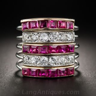 Art Deco Ruby and Diamond Five-Band Ring