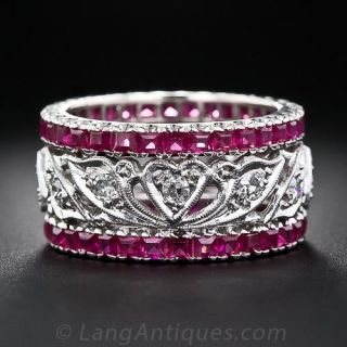 Art Deco Ruby and Diamond Wedding Band - Size 5 1/4