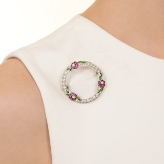 Art Deco Ruby, Demantoid Garnet and Diamond Circle Brooch