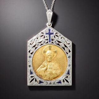 Art Deco Sacred Heart Medallion Pendant Necklace  - 3
