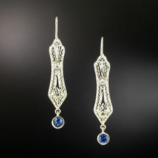 Art Deco Sapphire and Diamond Filigree Dangle Earrings - 2