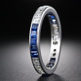 Art Deco Sapphire and Diamond Wedding Band - Size 8 1/2