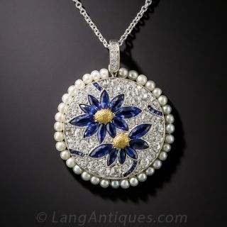Art Deco Sapphire, Diamond and Pearl Flower Pendant