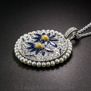 Art Deco Sapphire, Diamond and Pearl Flower Pendant
