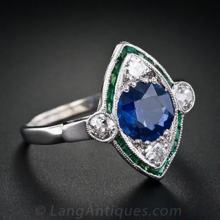 Art Deco Sapphire, Diamond & Emerald Ring