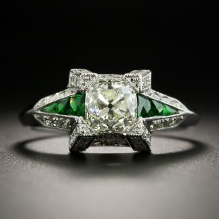 Art Deco Style 1.00 Carat Old Mine Cut Diamond Ring with Tsavorite Garnet Calibre - 2