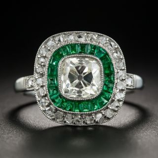 Art Deco Style 1.20 Carat Diamond and Calibre Emerald Ring