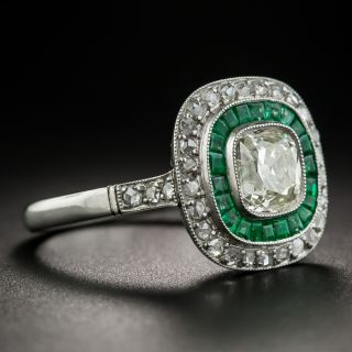 Art Deco Style 1.20 Carat Diamond and Calibre Emerald Ring