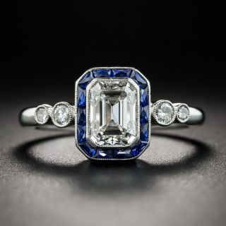 Art Deco Style 1.20 Carat Emerald-Cut Diamond Platinum Calibre Sapphire Engagement Ring - 1