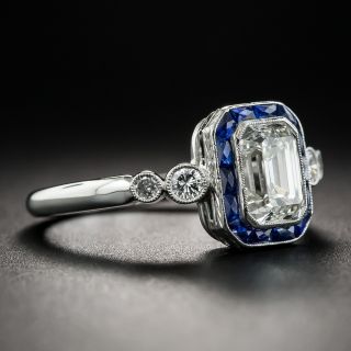 Art Deco Style 1.20 Carat Emerald-Cut Diamond Platinum Calibre Sapphire Engagement Ring