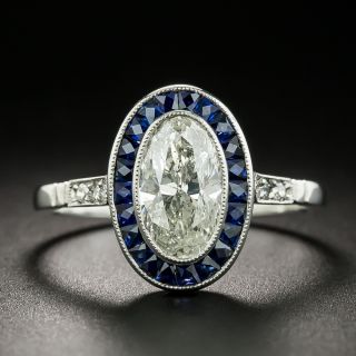 Art Deco Style 1.31 Carat Oval Diamond and Sapphire Ring - 2