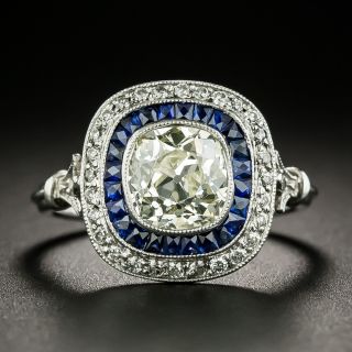 Art Deco Style 1.50 Carat Old Mine Cut Diamond and Calibre Sapphire Ring - 2