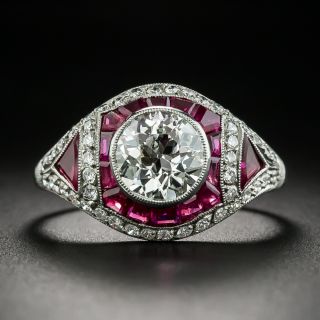Art Deco 1.58 Carat Diamond and Ruby ngagement Ring - GIA J SI1 - 2
