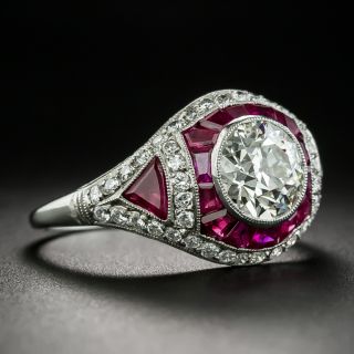 Art Deco Style 1.58 Carat Diamond and Ruby Engagement Ring - GIA J SI1