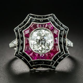 Art Deco Style 1.64 Carat Diamond, Ruby and Black Onyx Spider Web Ring - 1