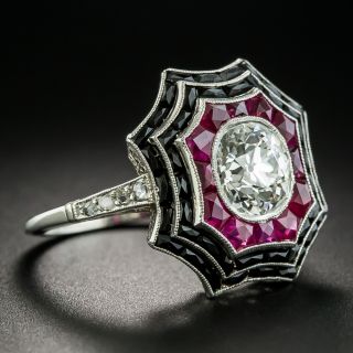 Art Deco Style 1.64 Carat Diamond, Ruby and Black Onyx Spider Web Ring