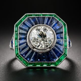 Art Deco-Style 1.85 Carat European-Cut Diamond, Sapphire and Emerald Ring - 9