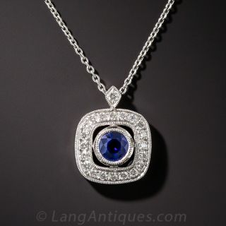 Art Deco Style 18K White Gold Sapphire and Diamond Pendant - 1