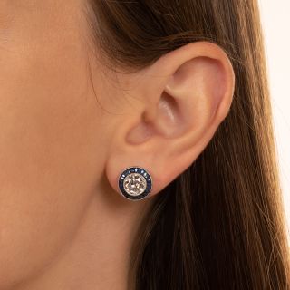 Art Deco Style 2.84 Carat Diamond and Calibre Sapphire Stud Earrings - GIA