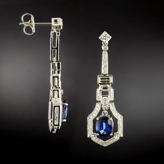 Art Deco-Style 3.04 Carat Total Weight Sapphire and Diamond Dangle Earrings - GIA