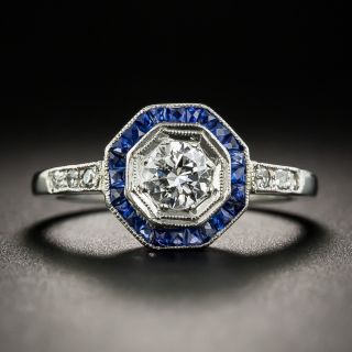 Art Deco Style .33 Ct. Diamond Platinum Calibre Sapphire Halo Ring - 2