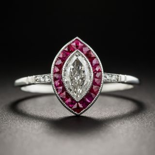 Art Deco Style .34 Carat Marquise Diamond Calibre Ruby Halo Ring - 2