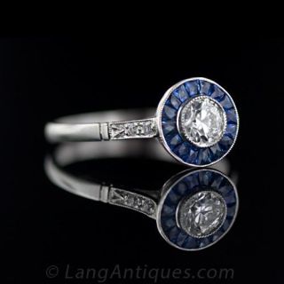 Art Deco Style .38 Carat Diamond & Sapphire Engagement Ring