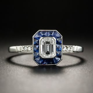Art Deco Style .44 Carat Emerald-Cut Diamond Calibre Sapphire Halo Ring - 2