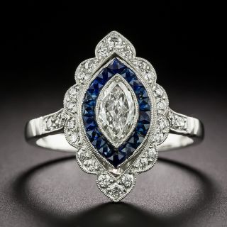 Art Deco-Style .46 Carat Marquise Diamond and Sapphire Ring - 3