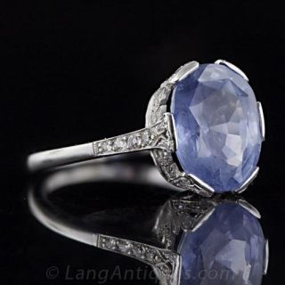 Art Deco Style 5.21 Carat Natural Sapphire and Diamond Ring