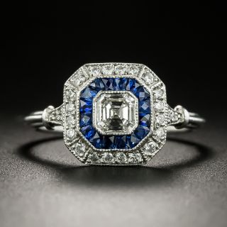 Art Deco Style .50 Carat Asscher-Cut Diamond and Sapphire Engagement Ring - 3