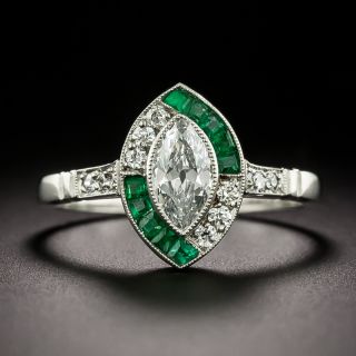 Art Deco-Style .50 Carat Marquise Diamond and Emerald Ring - 3