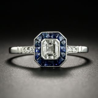Art Deco Style .55 Carat Emerald-Cut Diamond and Sapphire Halo Ring - 2