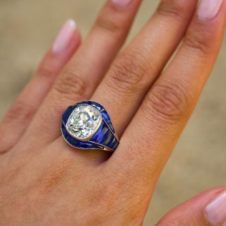 Art Deco Style 6.57 Carat Old Mine-Cut Diamond and Sapphire Ring - GIA 
