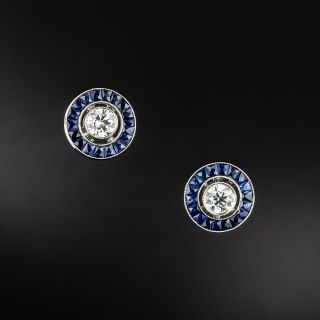 Art Deco Style .60 Carat Diamond and Sapphire Halo Stud Earrings - 2