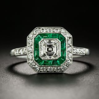 Art Deco Style .64 Carat Diamond and Emerald Engagement Ring - 2